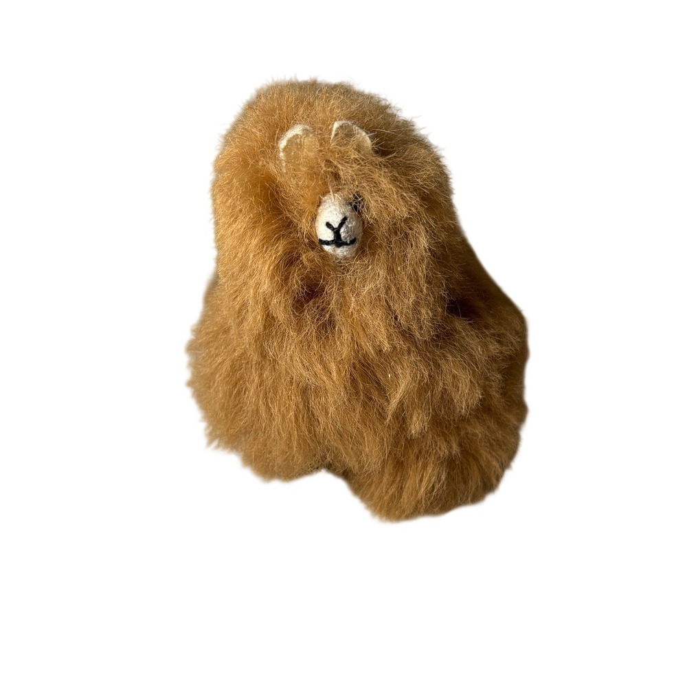 Handmade Alpaca Fur Llama Figurine Fluffy Ginger Brown Soft Toy 5 Inch VTG